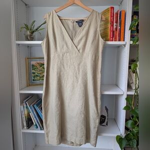 Somewhere Linen Dress V-Neck Sleeveless Midi Khaki Beige Size 12 / Large